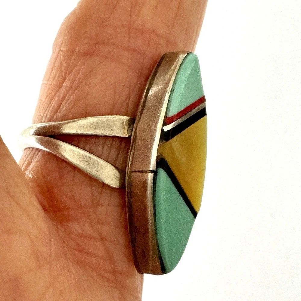 VTG Navajo Marquis Turquoise MOP Ring Sz 5 Sterling 60s Old Inlay‎ Native Amer